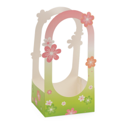 Panier carton fleurs vert/rose
