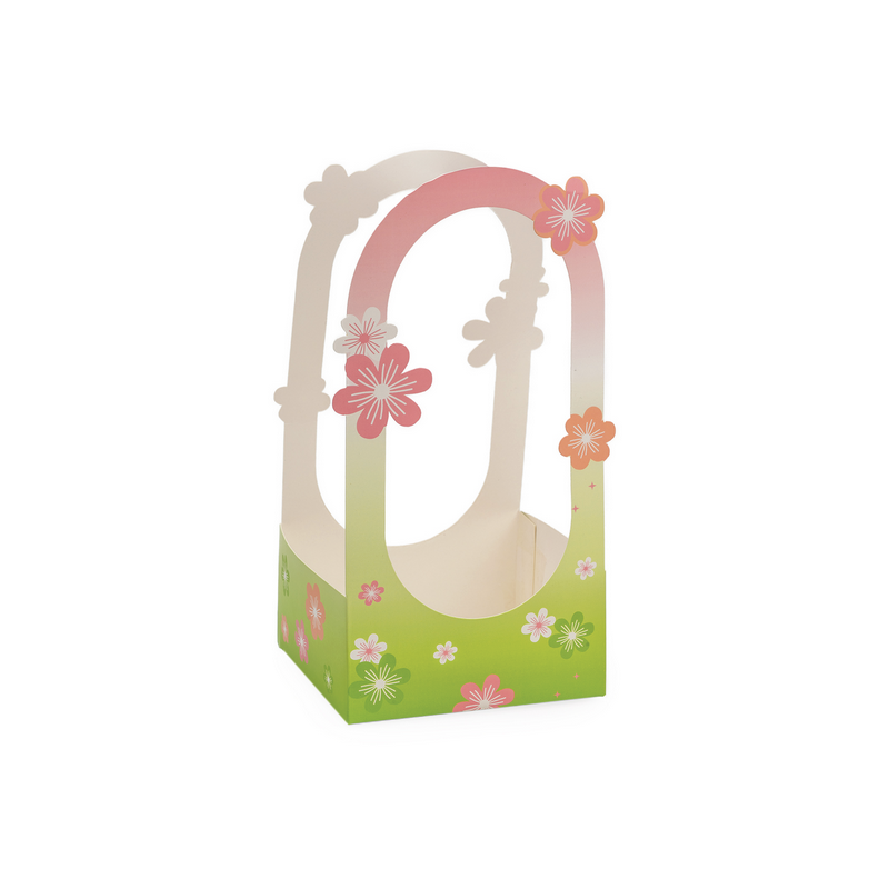 Panier carton fleurs vert/rose